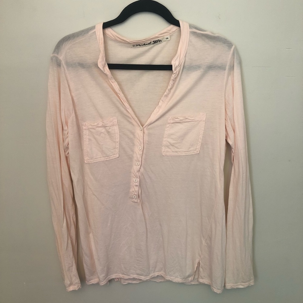 Loose-Fitting Pink V-Neck Long Sleeve Blouse